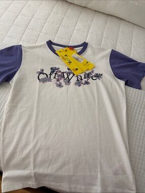 Off-White Kids White Tee with Purple Raglan Sleeves and Floral Logo